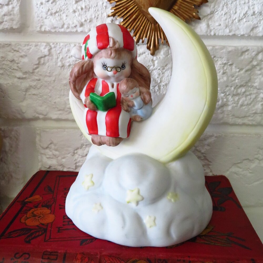 VTG Enesco Bunny and Baby Figure Christmas reading on the moon Rabbit music box